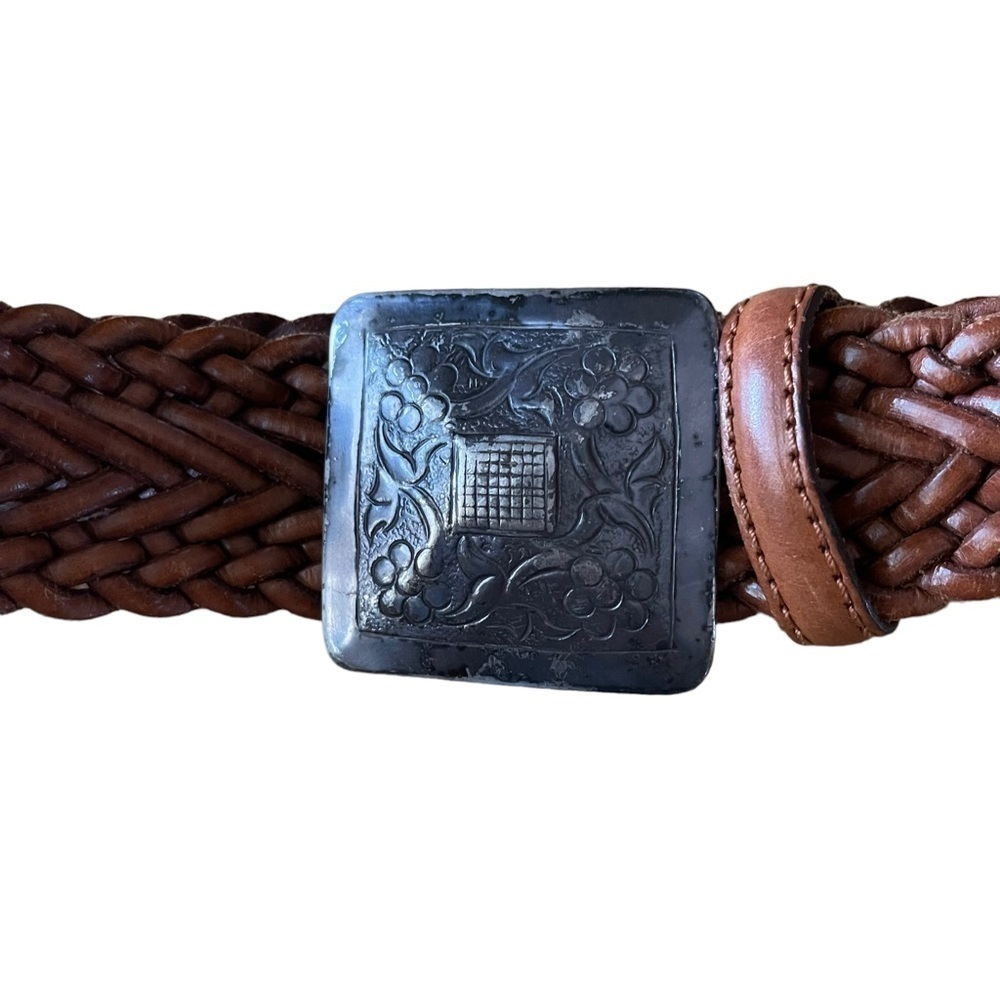Warm Brown Woven Leather Belt with Large Square Buckle Size Small - Picture 4 of 10
